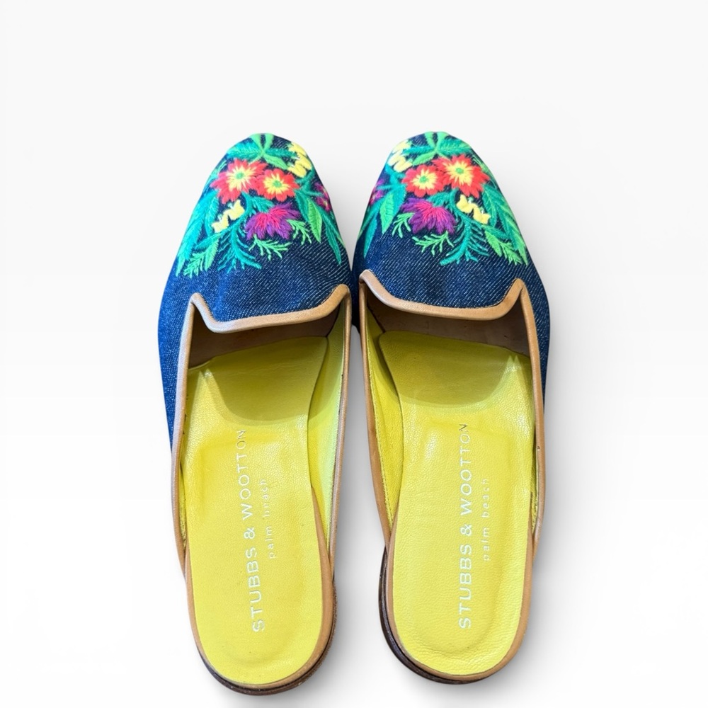 Stubbs & Wooten Emrodiery Vibrant Floral Denim Mules Slip On 7.5 - Picture 6 of 14